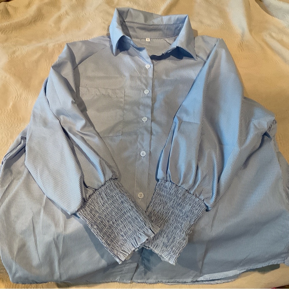 Pinstripe Blue and White Blouse with smocked sleeve, never worn